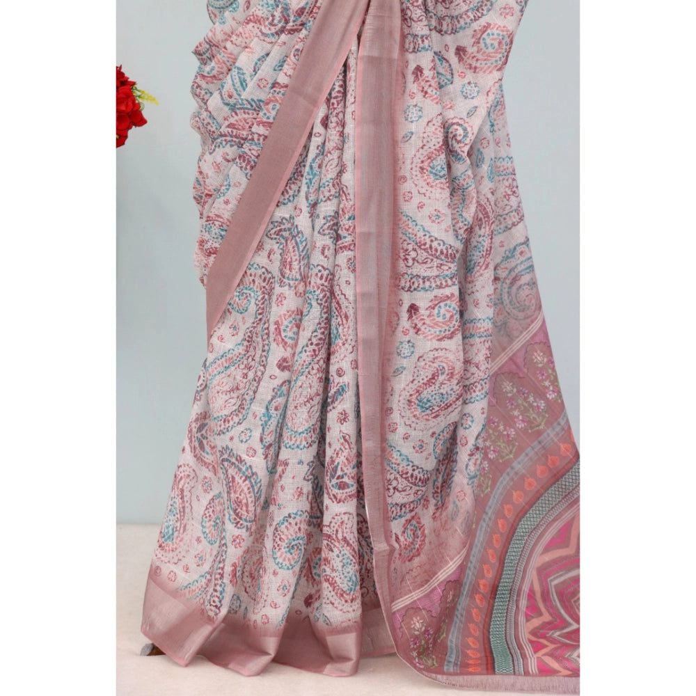 Amfyn Women's Linen Digital Print Saree With Unstitched Blouse 5.5Mtr (Brown)