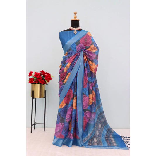 Amfyn Women's Linen Digital Print Saree With Unstitched Blouse 5.5Mtr (Blue)