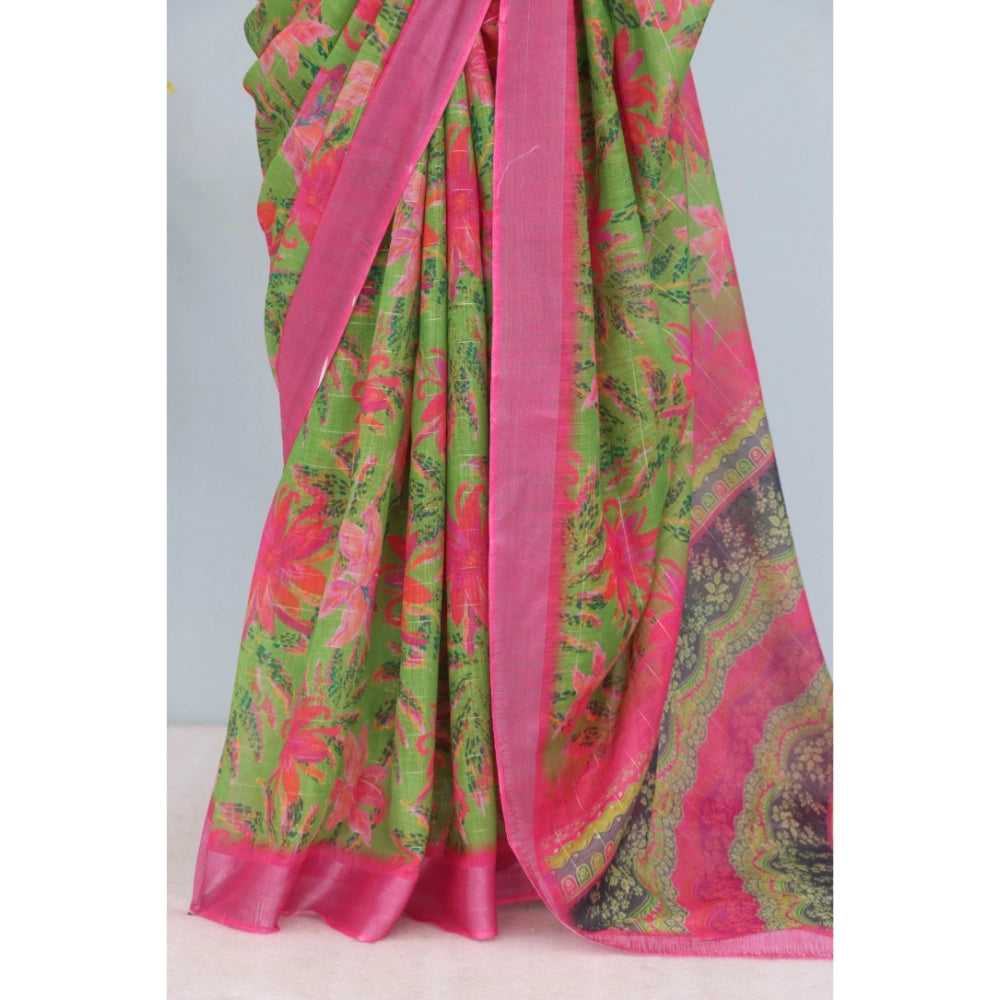 Amfyn Women's Linen Digital Print Saree With Unstitched Blouse 5.5Mtr (Green)