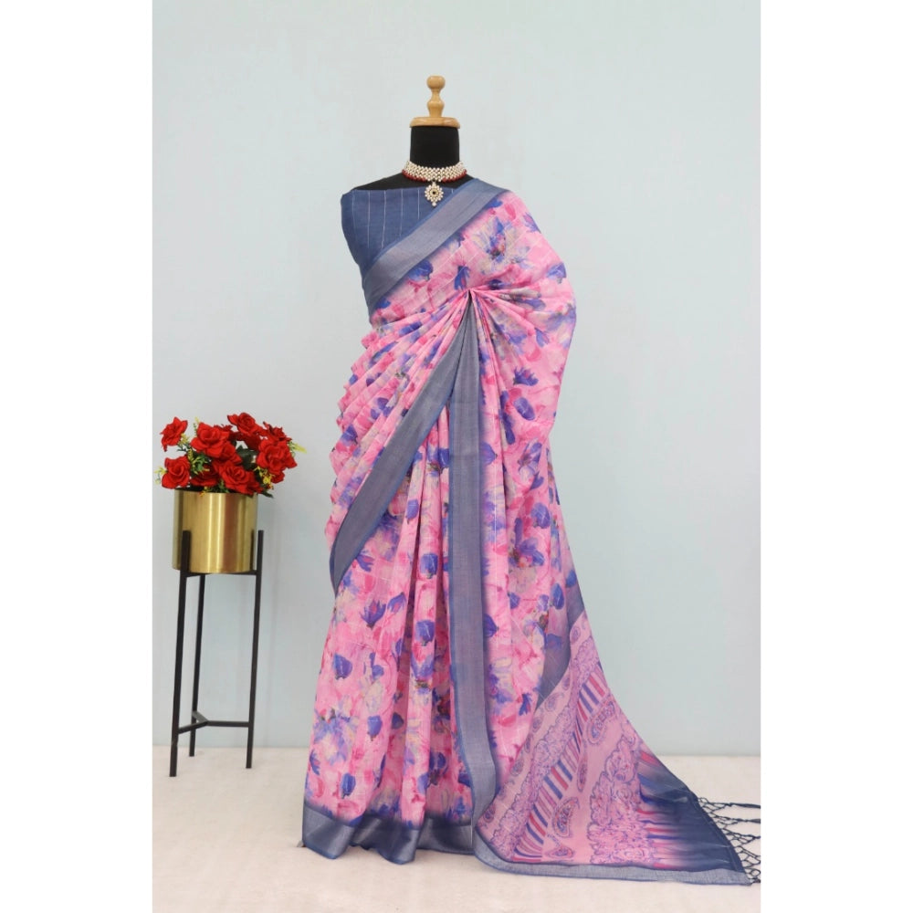 Amfyn Women's Linen Digital Print Saree With Unstitched Blouse 5.5Mtr (Multicolor)