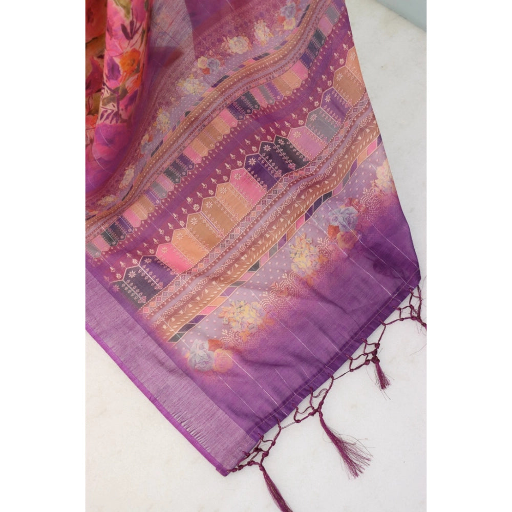 Amfyn Women's Linen Digital Print Saree With Unstitched Blouse 5.5Mtr (Purple)