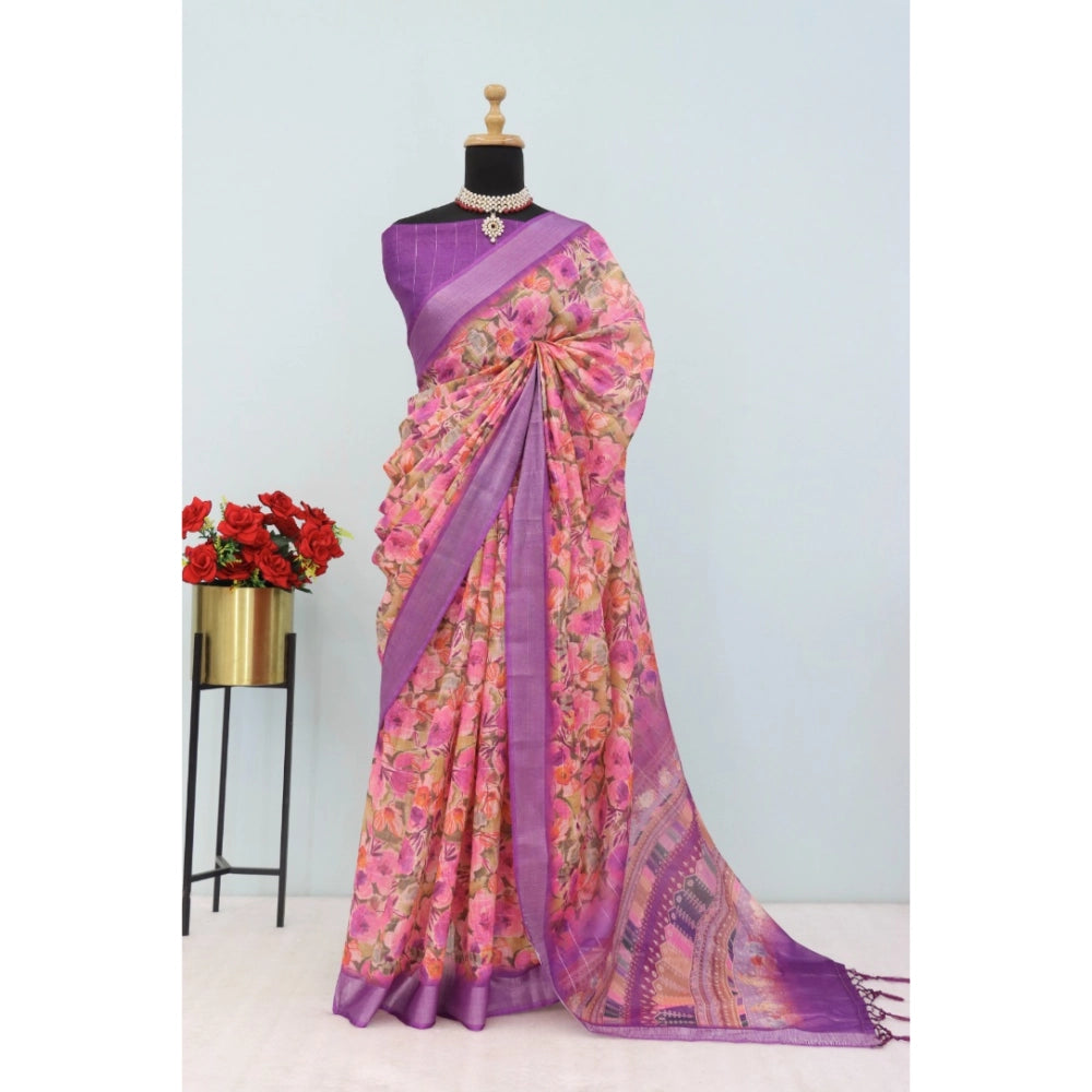 Amfyn Women's Linen Digital Print Saree With Unstitched Blouse 5.5Mtr (Purple)