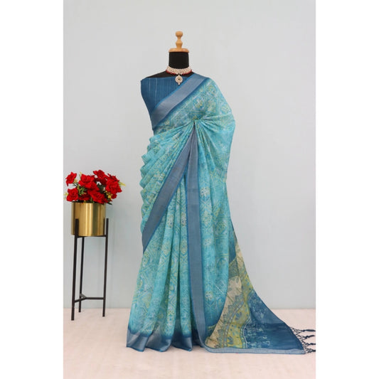 Amfyn Women's Linen Digital Print Saree With Unstitched Blouse 5.5Mtr (Sky Blue)