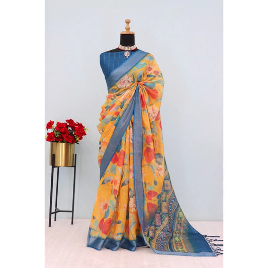 Amfyn Women's Linen Digital Print Saree With Unstitched Blouse 5.5Mtr (Yellow)