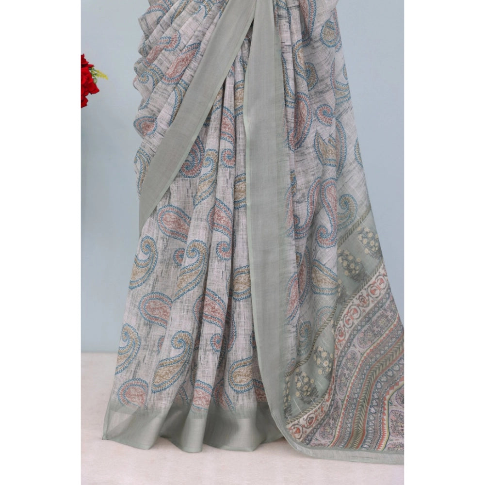 Amfyn Women's Linen Digital Print Saree With Unstitched Blouse 5.5Mtr (Grey)