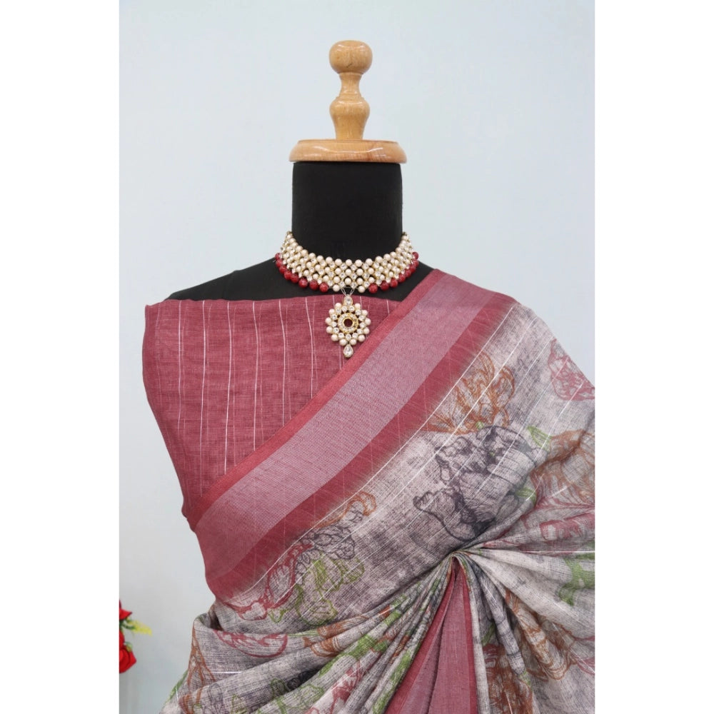 Amfyn Women's Linen Digital Print Saree With Unstitched Blouse 5.5Mtr (Multicolor)