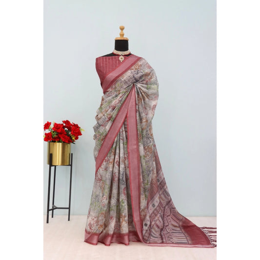 Amfyn Women's Linen Digital Print Saree With Unstitched Blouse 5.5Mtr (Multicolor)