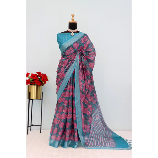 Amfyn Women's Linen Digital Print Saree With Unstitched Blouse 5.5Mtr (Blue)