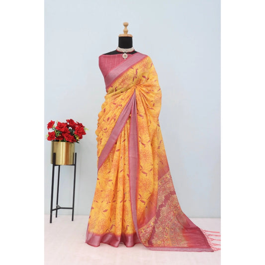 Amfyn Women's Linen Digital Print Saree With Unstitched Blouse 5.5Mtr (Mustard)