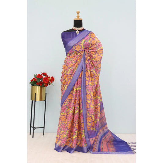 Amfyn Women's Linen Digital Print Saree With Unstitched Blouse 5.5Mtr (Multicolor)