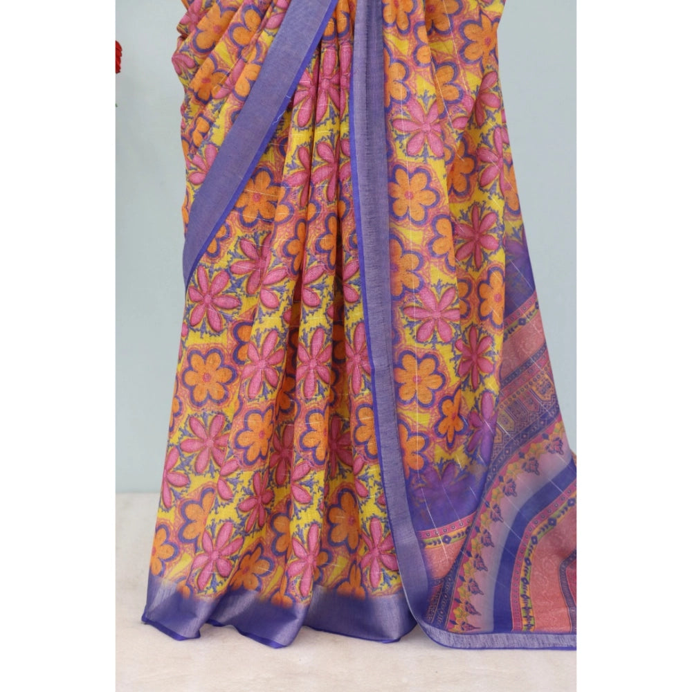Amfyn Women's Linen Digital Print Saree With Unstitched Blouse 5.5Mtr (Multicolor)