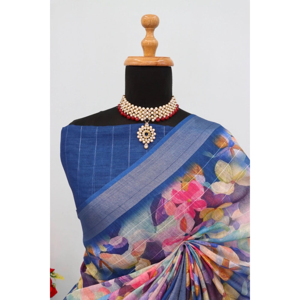 Amfyn Women's Linen Digital Print Saree With Unstitched Blouse 5.5Mtr (Blue)