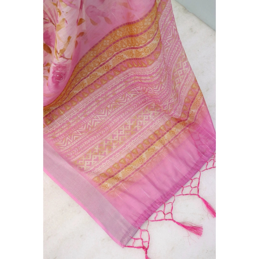 Amfyn Women's Linen Digital Print Saree With Unstitched Blouse 5.5Mtr (Pink)