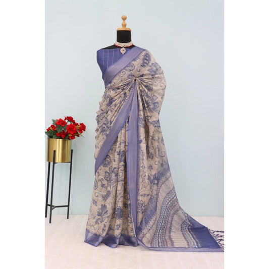Amfyn Women's Linen Digital Print Saree With Unstitched Blouse 5.5Mtr (Blue)