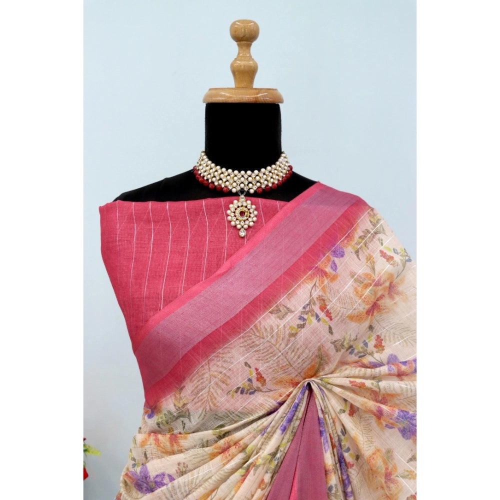 Amfyn Women's Linen Digital Print Saree With Unstitched Blouse 5.5Mtr (Pink)