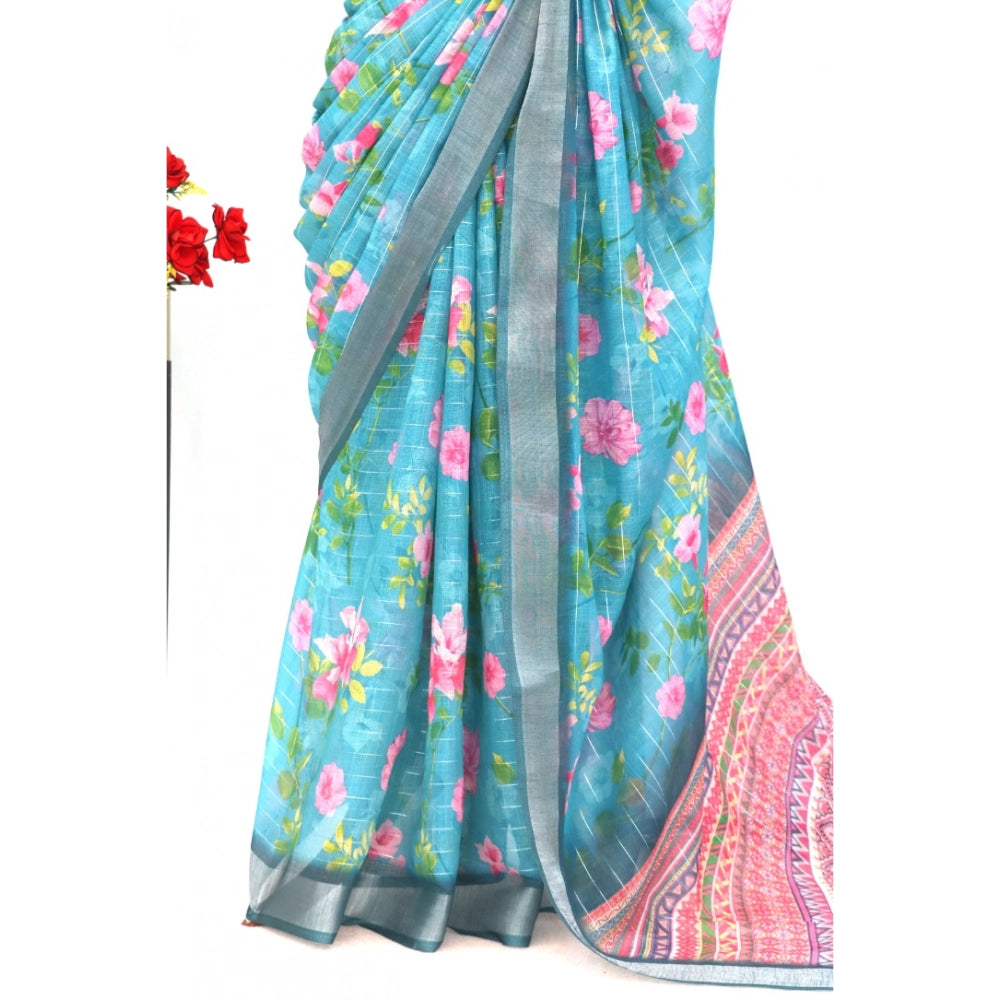 Amfyn Women's Linen Digital Print Saree With Unstitched Blouse 5.5Mtr (Green)