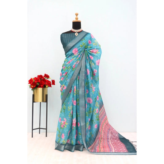 Amfyn Women's Linen Digital Print Saree With Unstitched Blouse 5.5Mtr (Green)
