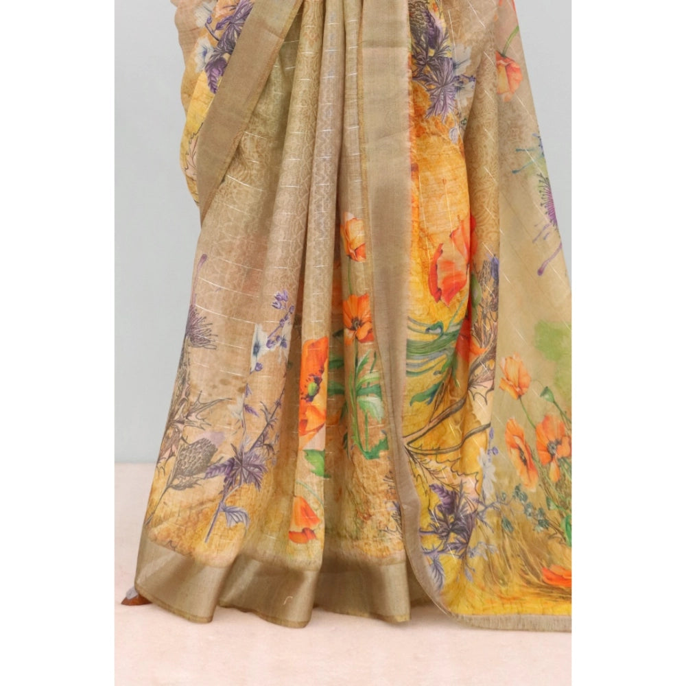 Amfyn Women's Linen Digital Print Saree With Unstitched Blouse 5.5Mtr (Multicolor)