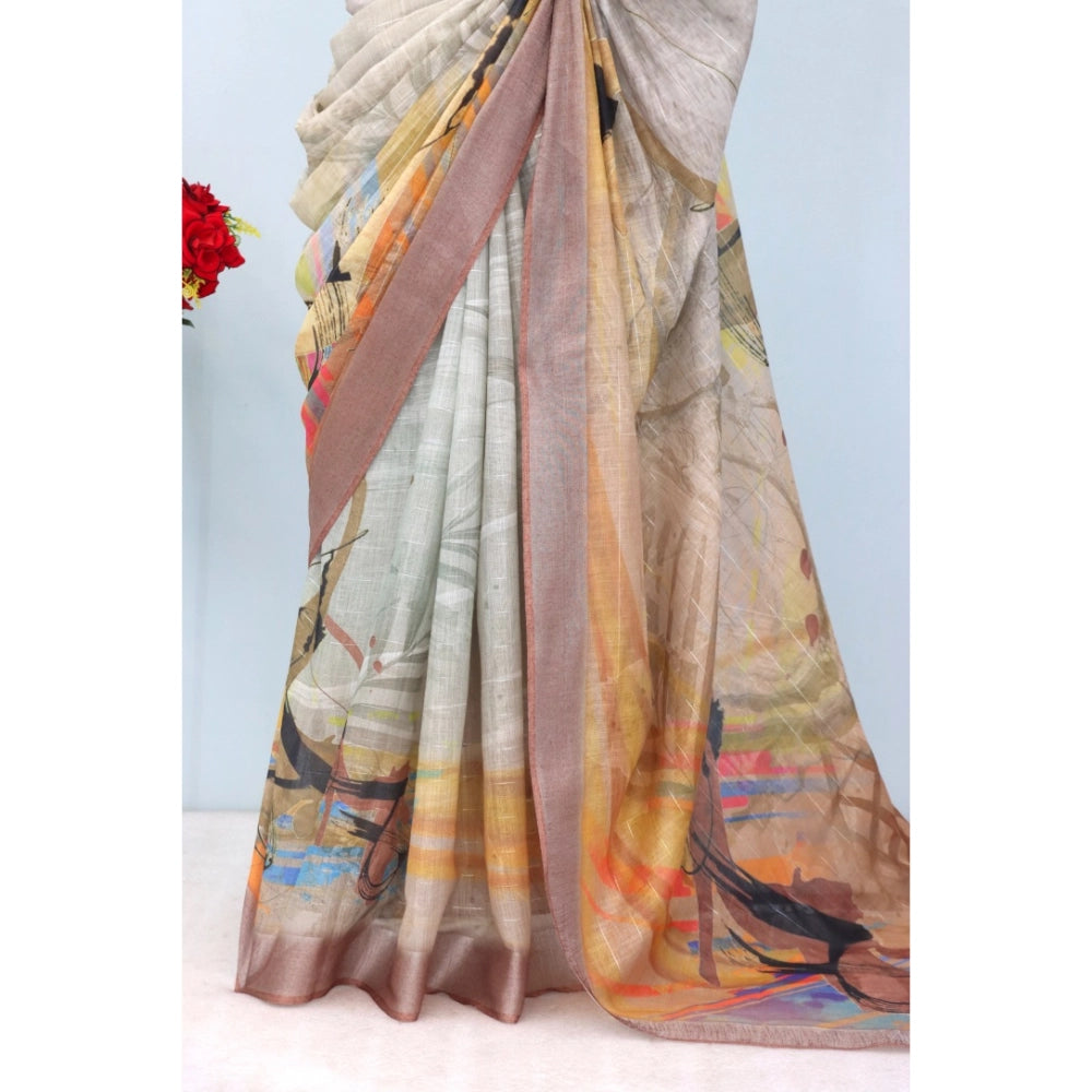 Amfyn Women's Linen Digital Print Saree With Unstitched Blouse 5.5Mtr (Multicolor)