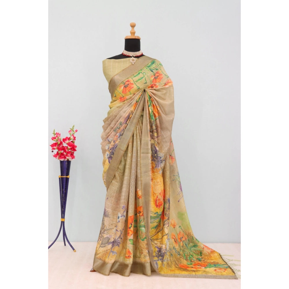Amfyn Women's Linen Digital Print Saree With Unstitched Blouse 5.5Mtr (Multicolor)
