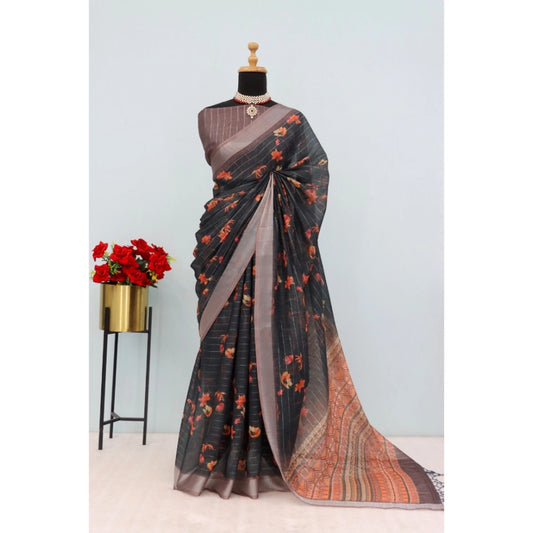 Amfyn Women's Linen Digital Print Saree With Unstitched Blouse 5.5Mtr (Black)