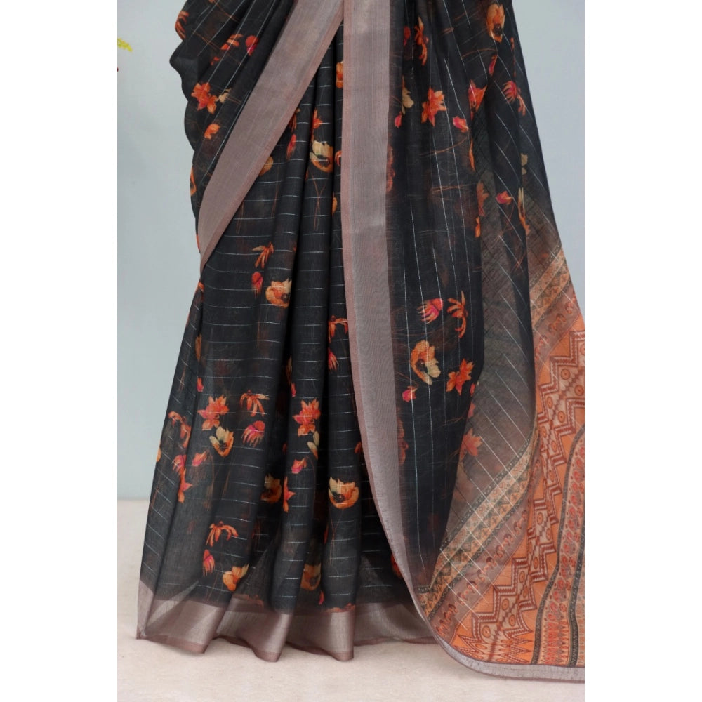 Amfyn Women's Linen Digital Print Saree With Unstitched Blouse 5.5Mtr (Black)