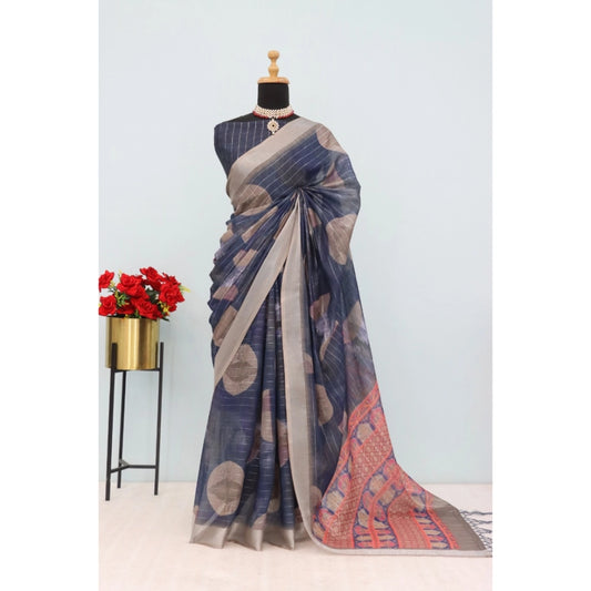 Amfyn Women's Linen Digital Print Saree With Unstitched Blouse 5.5Mtr (Blue)