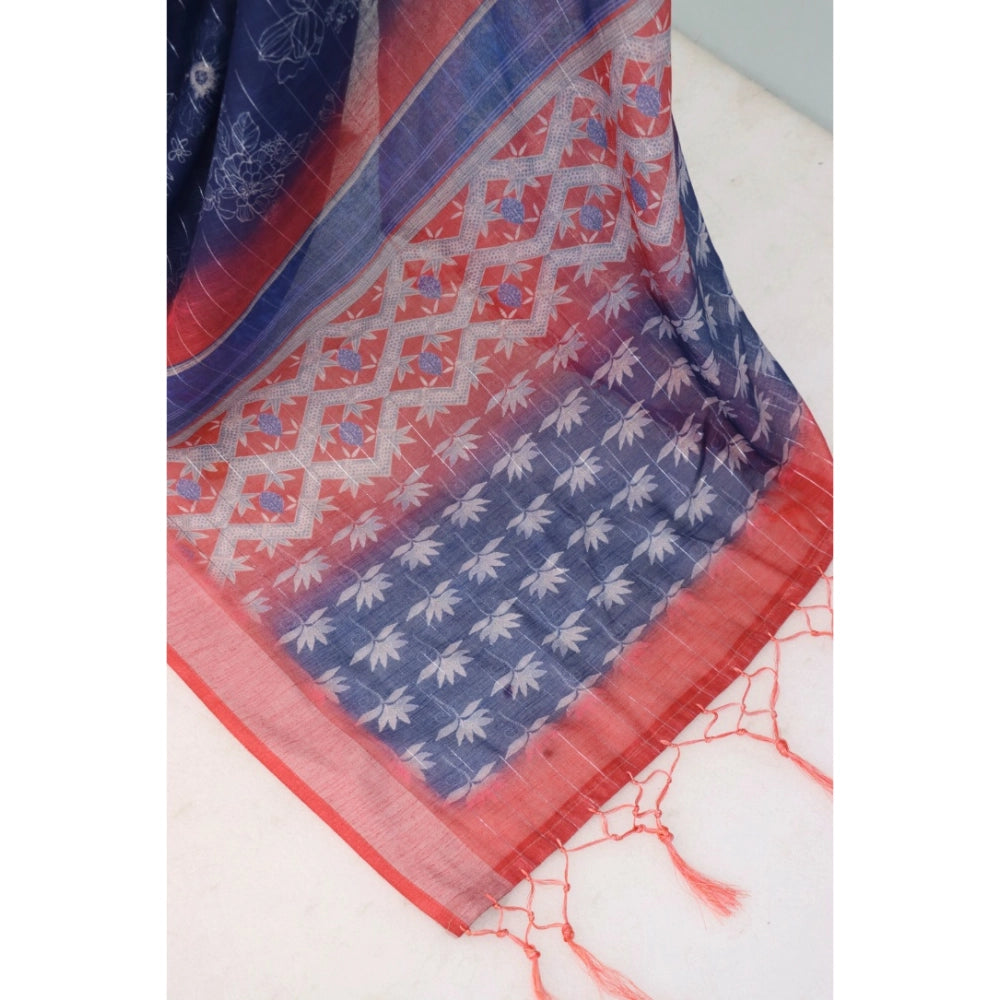 Amfyn Women's Linen Digital Print Saree With Unstitched Blouse 5.5Mtr (Blue)