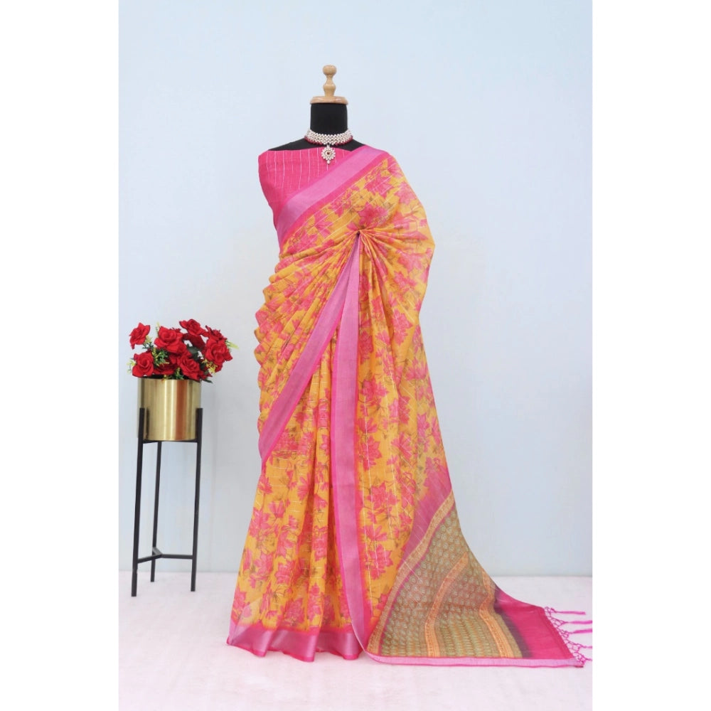 Amfyn Women's Linen Digital Print Saree With Unstitched Blouse 5.5Mtr (Yellow)