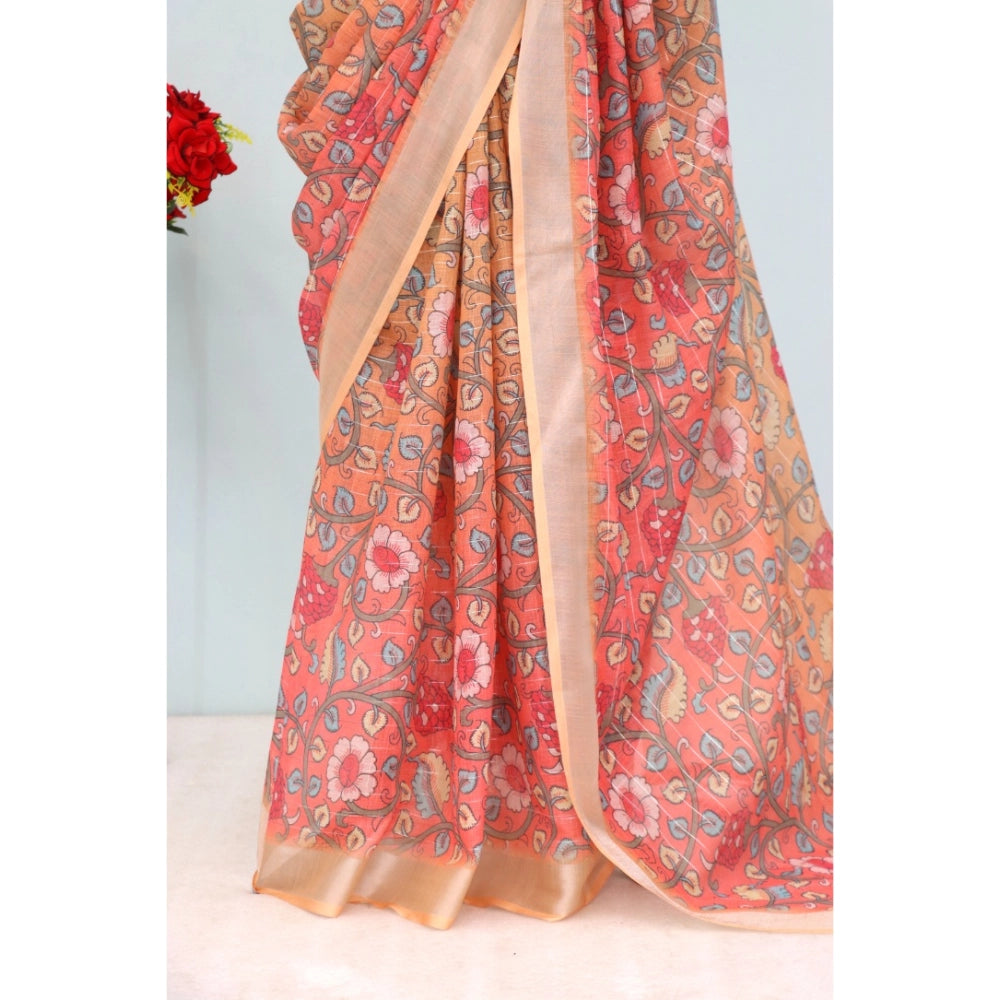 Amfyn Women's Linen Digital Print Saree With Unstitched Blouse 5.5Mtr (Orange)