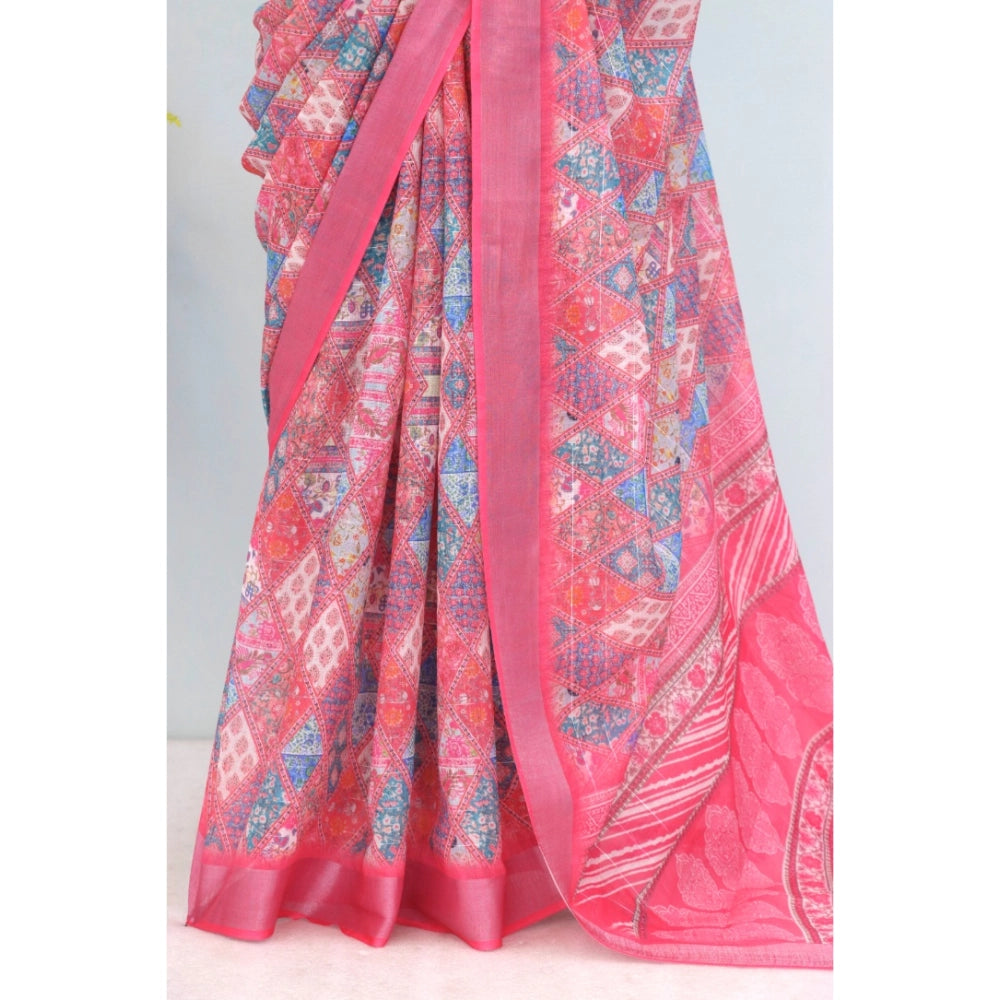 Amfyn Women's Linen Digital Print Saree With Unstitched Blouse 5.5Mtr (Pink)
