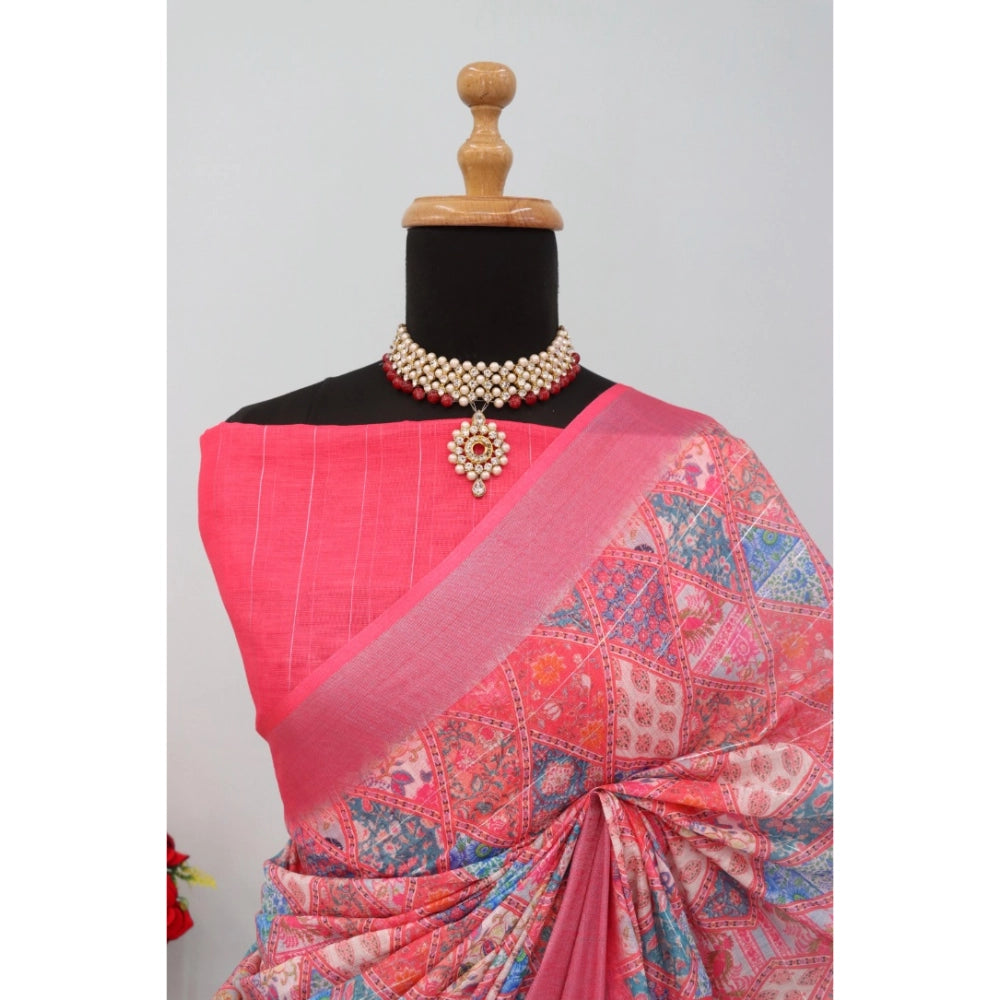 Amfyn Women's Linen Digital Print Saree With Unstitched Blouse 5.5Mtr (Pink)