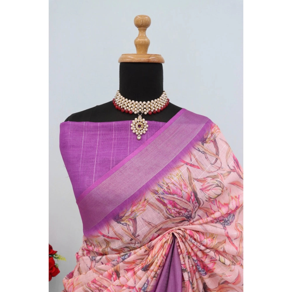 Amfyn Women's Linen Digital Print Saree With Unstitched Blouse 5.5Mtr (Purple)