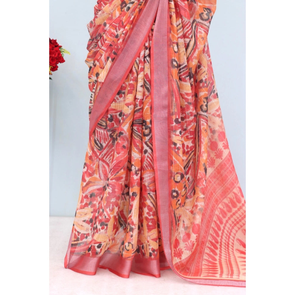 Amfyn Women's Linen Digital Print Saree With Unstitched Blouse 5.5Mtr (Pink)