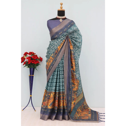 Amfyn Women's Mysore Silk  Digital Print Saree With Unstitched Blouse 5.5Mtr (Green)