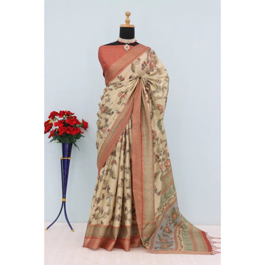 Amfyn Women's Mysore Silk  Digital Print Saree With Unstitched Blouse 5.5Mtr (Pink)