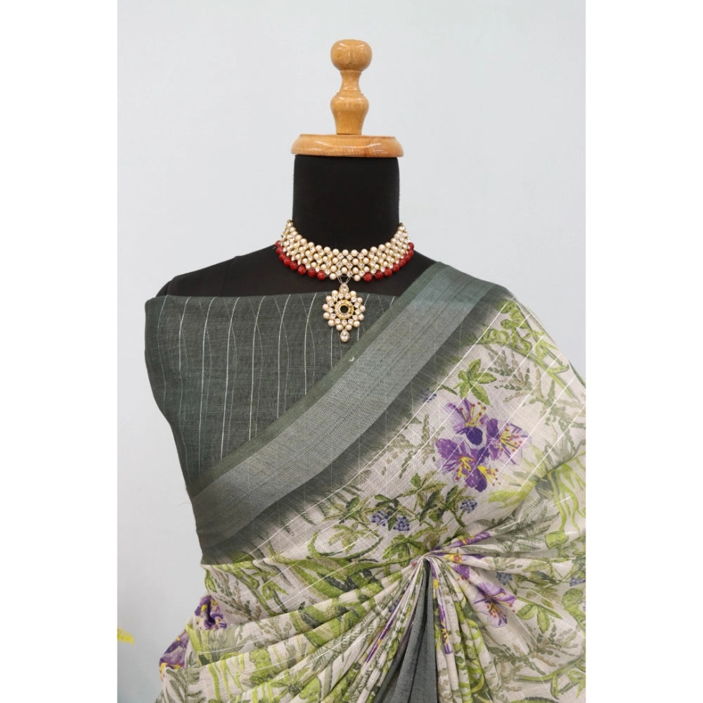 Amfyn Women's Linen Digital Print Saree With Unstitched Blouse 5.5Mtr (Green)