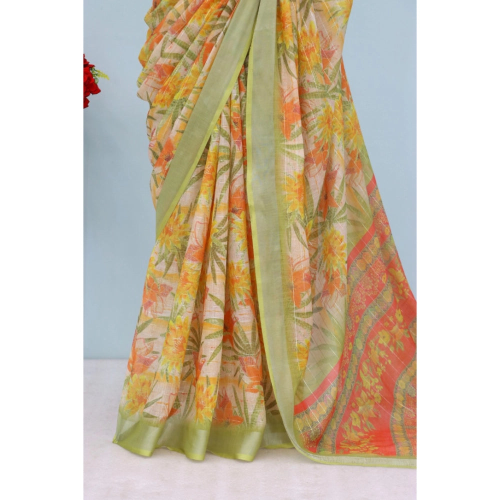 Amfyn Women's Linen Digital Print Saree With Unstitched Blouse 5.5Mtr (Multicolor)