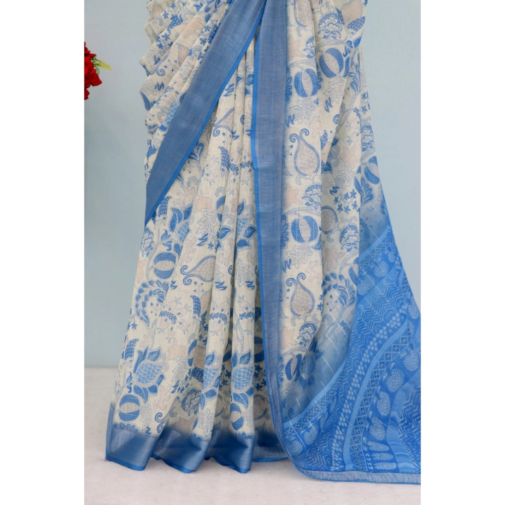Amfyn Women's Linen Digital Print Saree With Unstitched Blouse 5.5Mtr (Blue)
