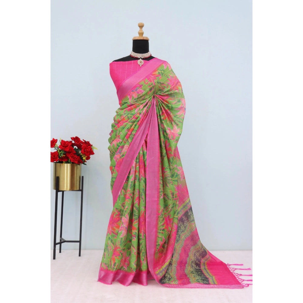 Amfyn Women's Linen Digital Print Saree With Unstitched Blouse 5.5Mtr (Green)