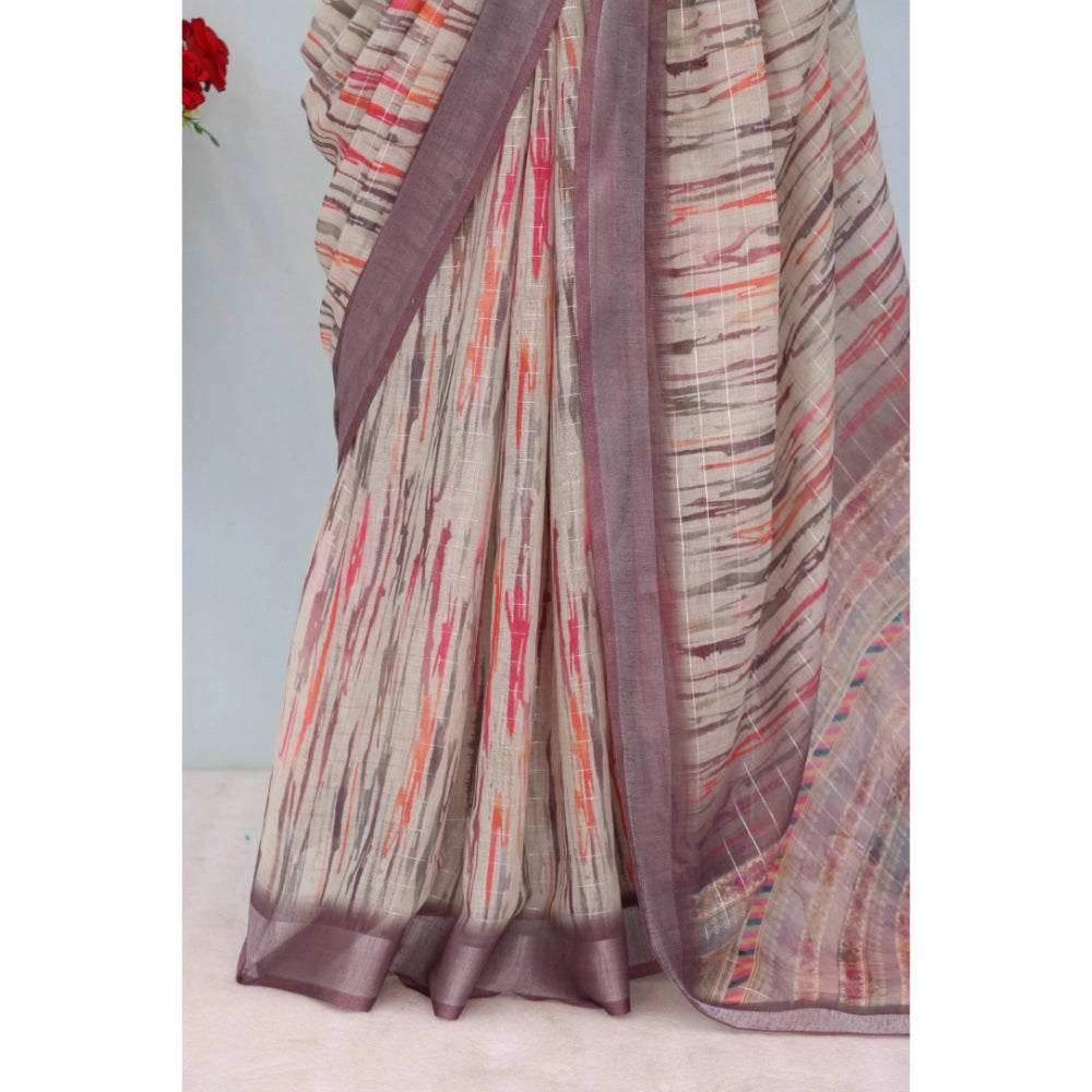 Amfyn Women's Linen Digital Print Saree With Unstitched Blouse 5.5Mtr (Grey)