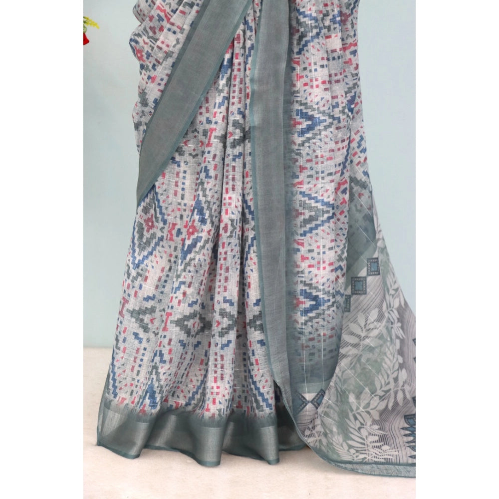 Amfyn Women's Linen Digital Print Saree With Unstitched Blouse 5.5Mtr (Grey)