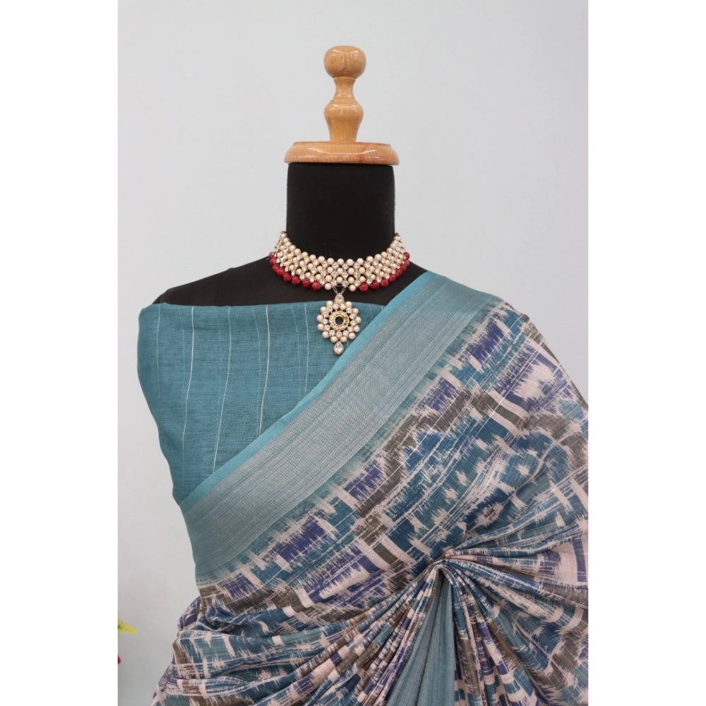 Amfyn Women's Linen Digital Print Saree With Unstitched Blouse 5.5Mtr (Green)