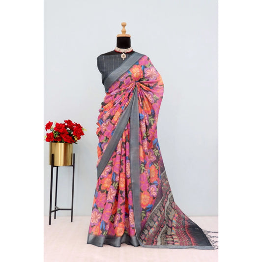 Amfyn Women's Linen Digital Print Saree With Unstitched Blouse 5.5Mtr (Grey)