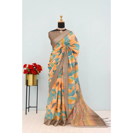 Amfyn Women's Linen Digital Print Saree With Unstitched Blouse 5.5Mtr (Green)