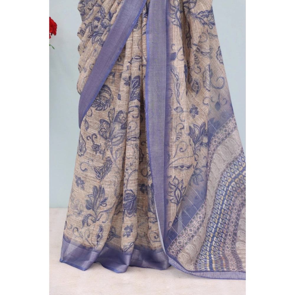 Amfyn Women's Linen Digital Print Saree With Unstitched Blouse 5.5Mtr (Blue)