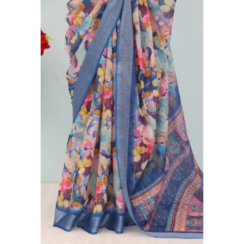 Amfyn Women's Linen Digital Print Saree With Unstitched Blouse 5.5Mtr (Blue)