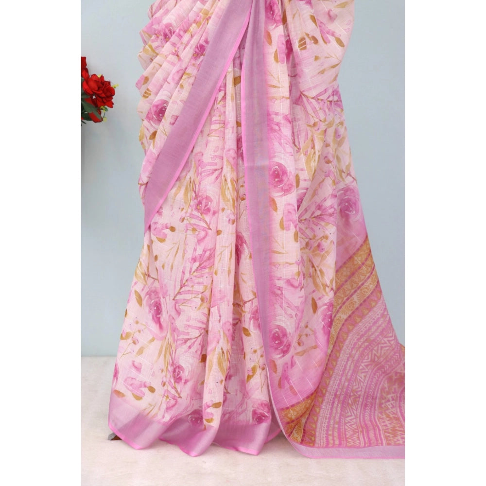 Amfyn Women's Linen Digital Print Saree With Unstitched Blouse 5.5Mtr (Pink)