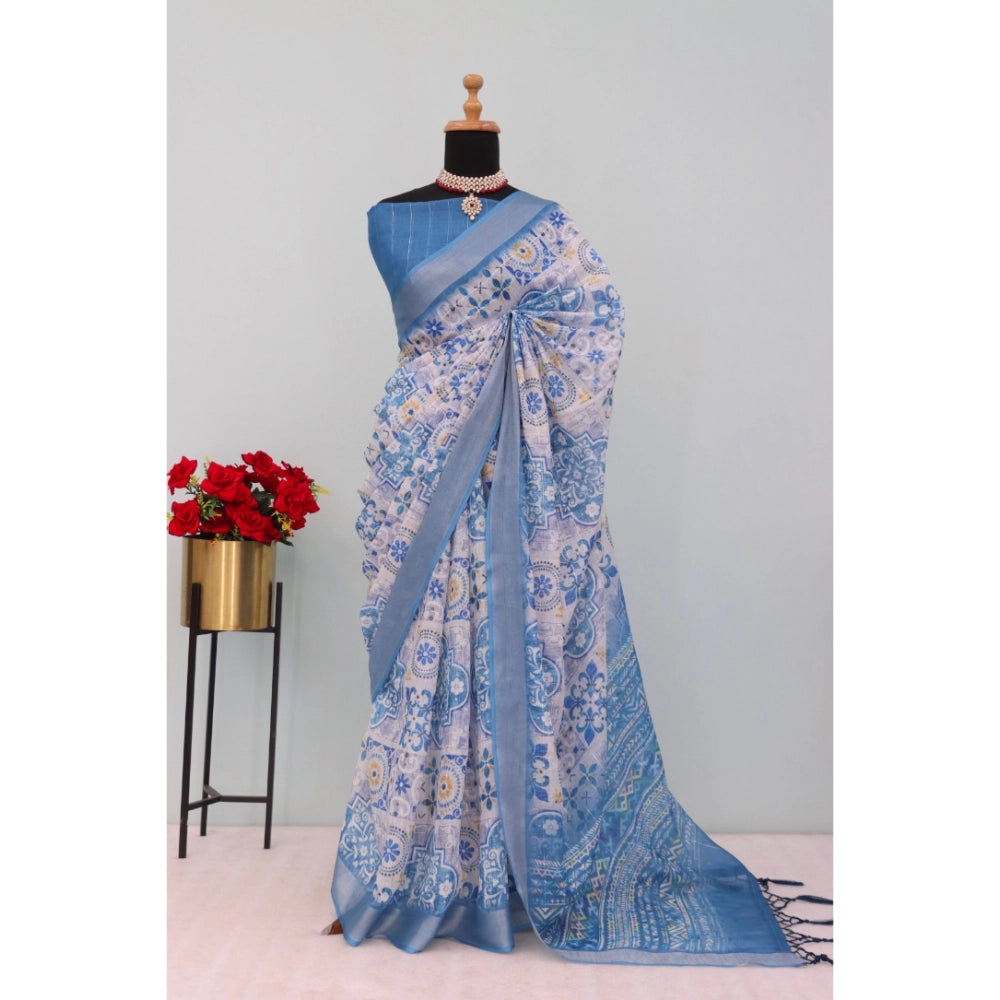 Amfyn Women's Linen Digital Print Saree With Unstitched Blouse 5.5Mtr (Blue)