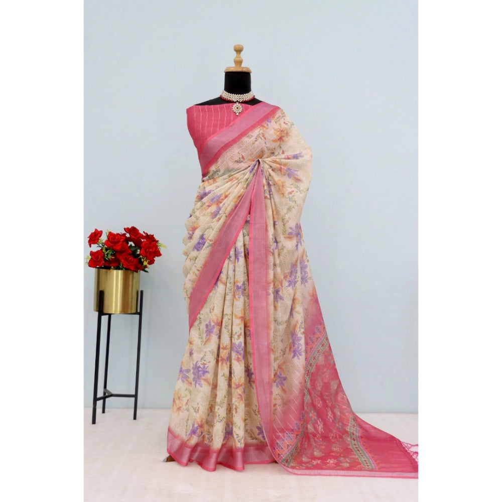 Amfyn Women's Linen Digital Print Saree With Unstitched Blouse 5.5Mtr (Pink)